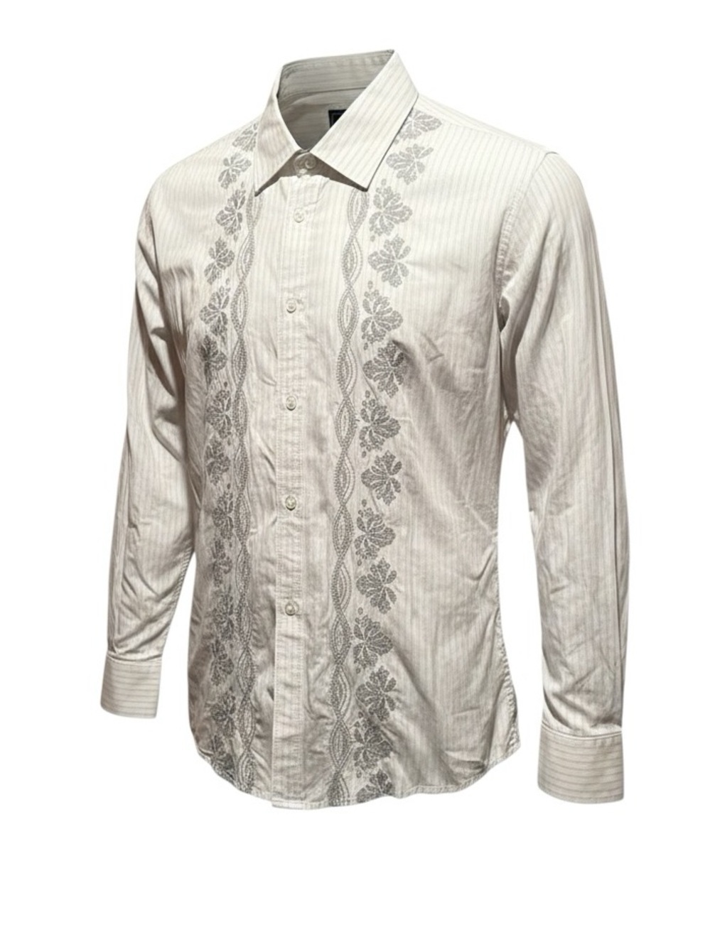 Marc Ecko White Long-Sleeve Dress Shirt with Gray Embroidery